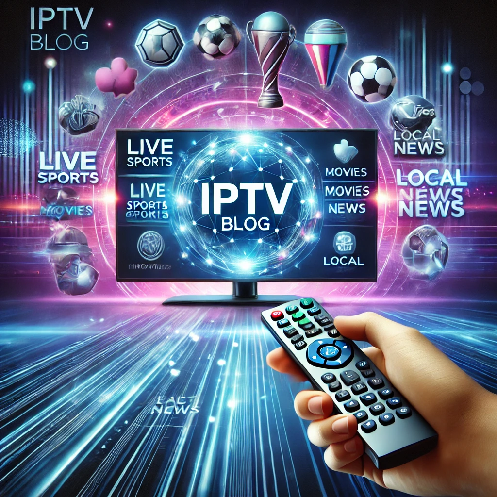 A futuristic IPTV streaming setup displaying live sports, movies, and local news channels on a high-tech screen with a glowing digital interface.