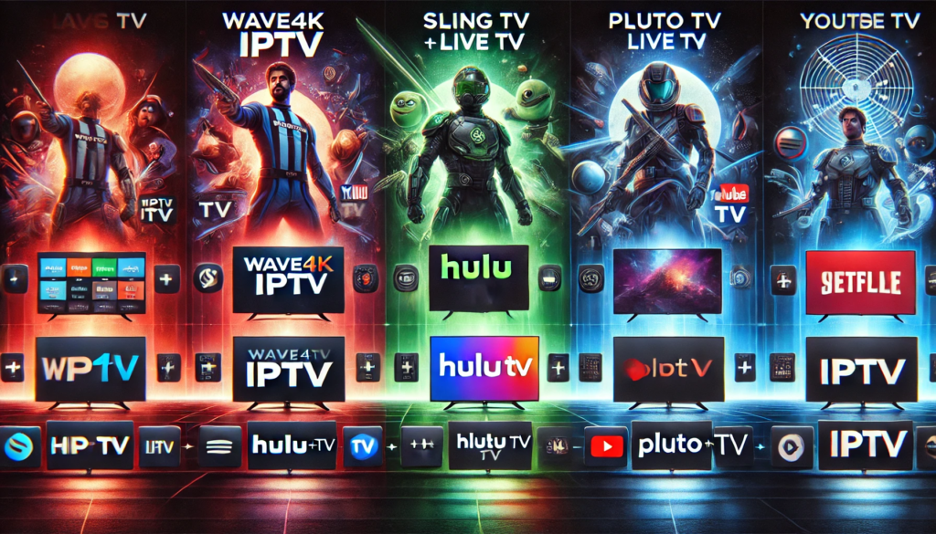 A sleek and modern comparison chart showcasing the best IPTV services in the USA, featuring Wave4k IPTV, Sling TV, Hulu + Live TV, Pluto TV, and YouTube TV. The design includes logos, pricing, and features of each service, with Wave4k IPTV highlighted as the top provider.