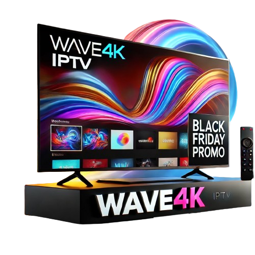 modern flat-screen TV displaying the Wave4K IPTV interface with a sleek Black Friday Promo badge on the right corner, highlighting premium streaming services